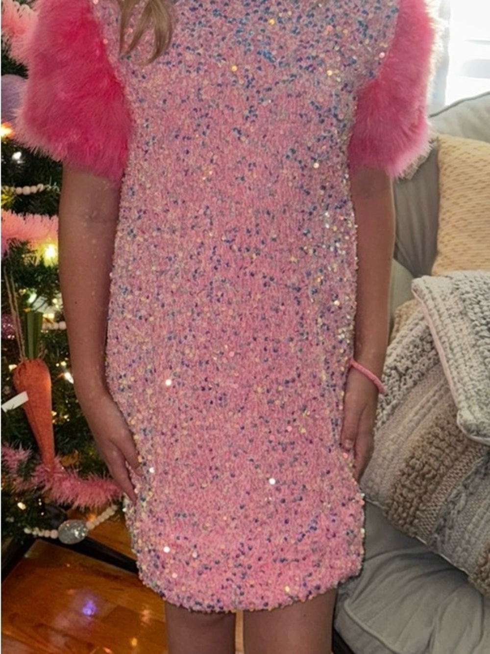Girls' Pink Sequin Knit Dress with Faux Fur Short Sleeves